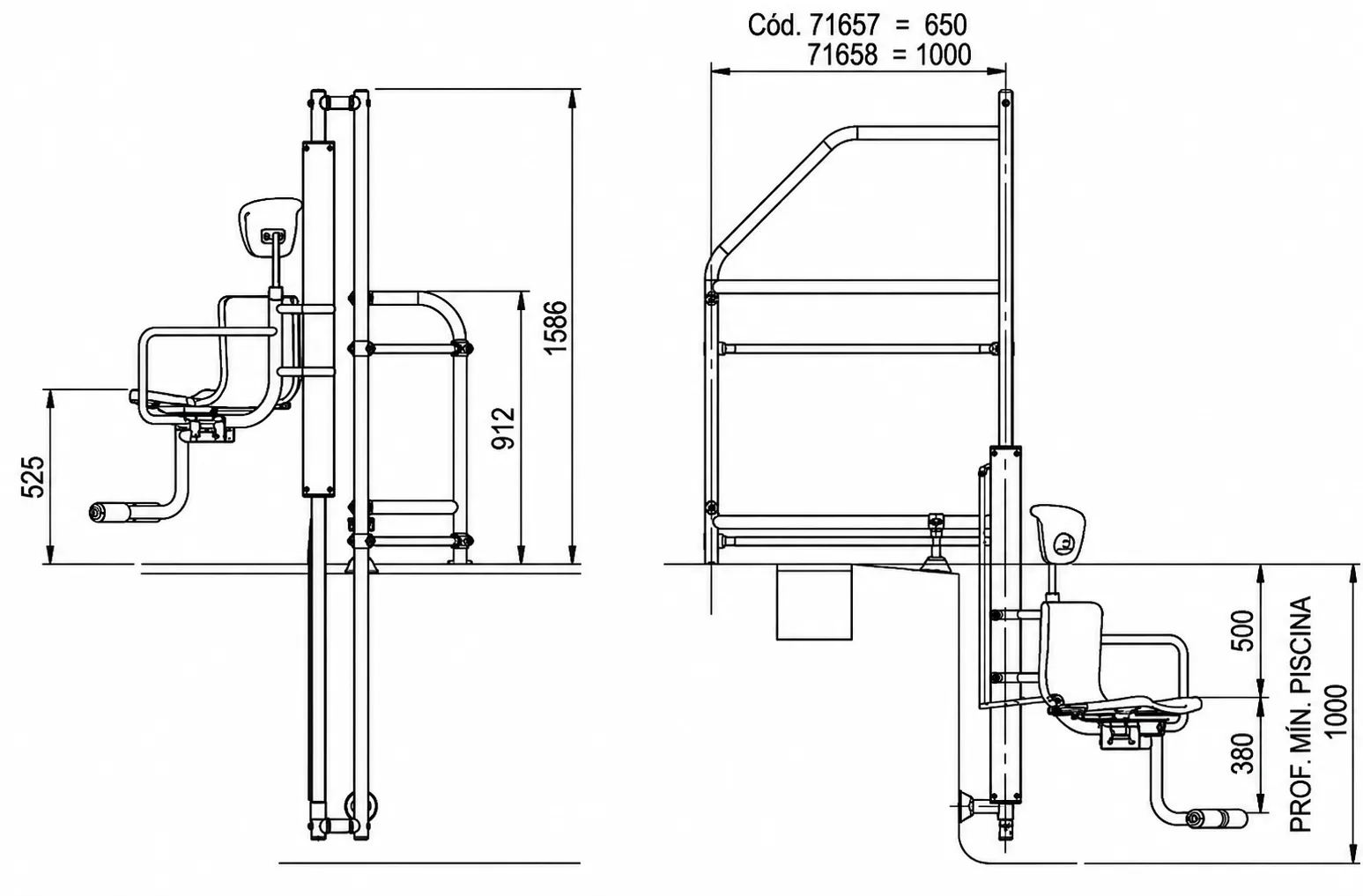 Wymiary basenowego podnośnika hydraulicznego dla niepełnosprawnych A-650 / A-1000
